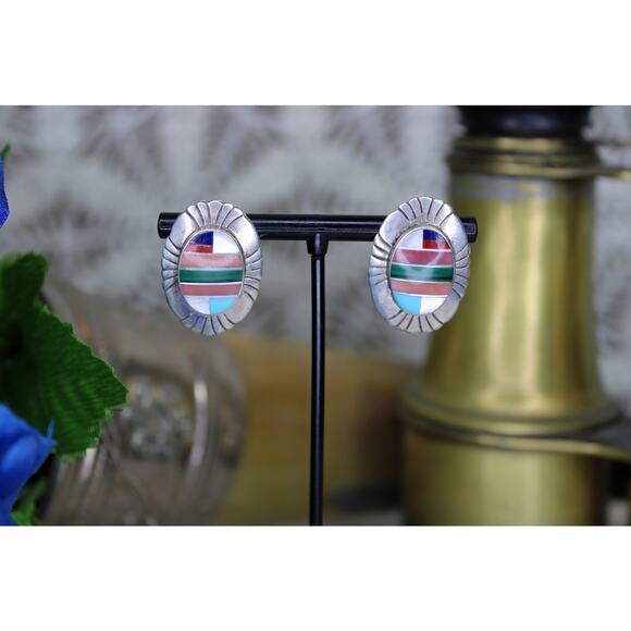 Sterling Silver Southwest Inlay Post Earrings - Picture 1 of 4